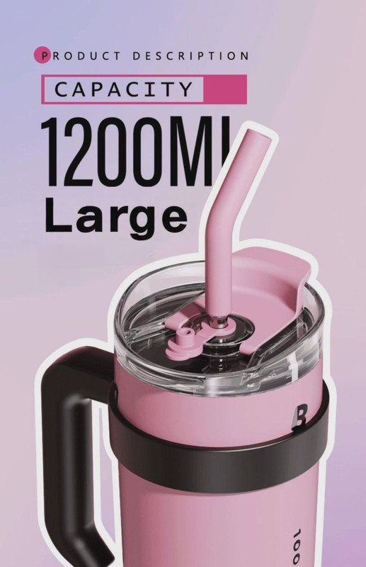 Cană Termos 1200 ml din Oțel Inoxidabil, Perete Dublu Termorezistent, Capac cu Pai și Sistem Anti-Scurgere, Mâner Ergonomic, Compatibilă cu Suport Auto, Design Modern Roz [3]