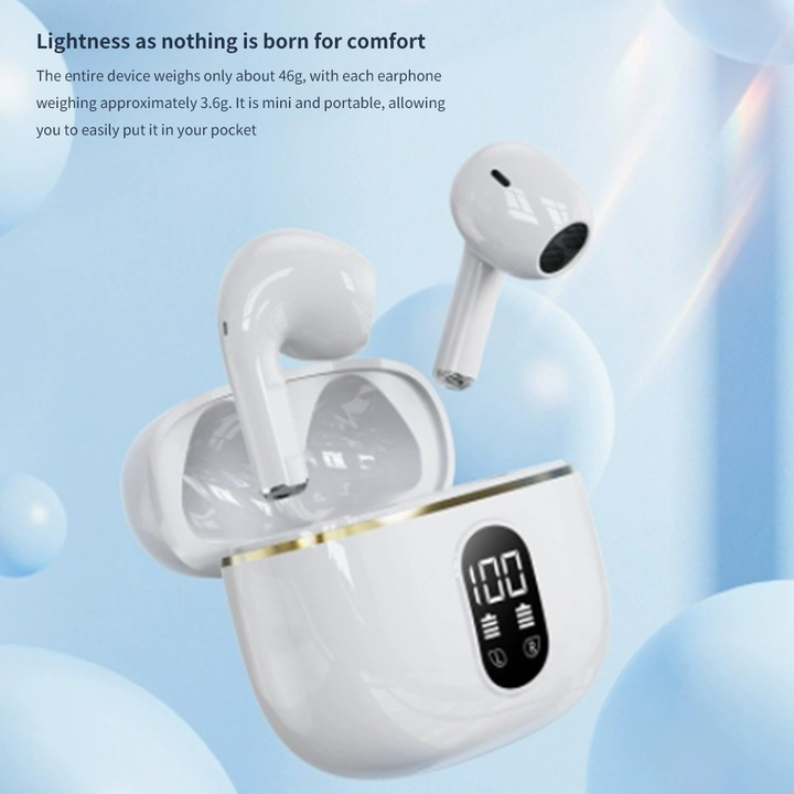 Căști wireless Bluetooth X87, BT 5.3, TWS cu reducere de zgomot, autonomie 6 ore, afișaj baterie, control tactil, încărcare Type-C, alb [6]