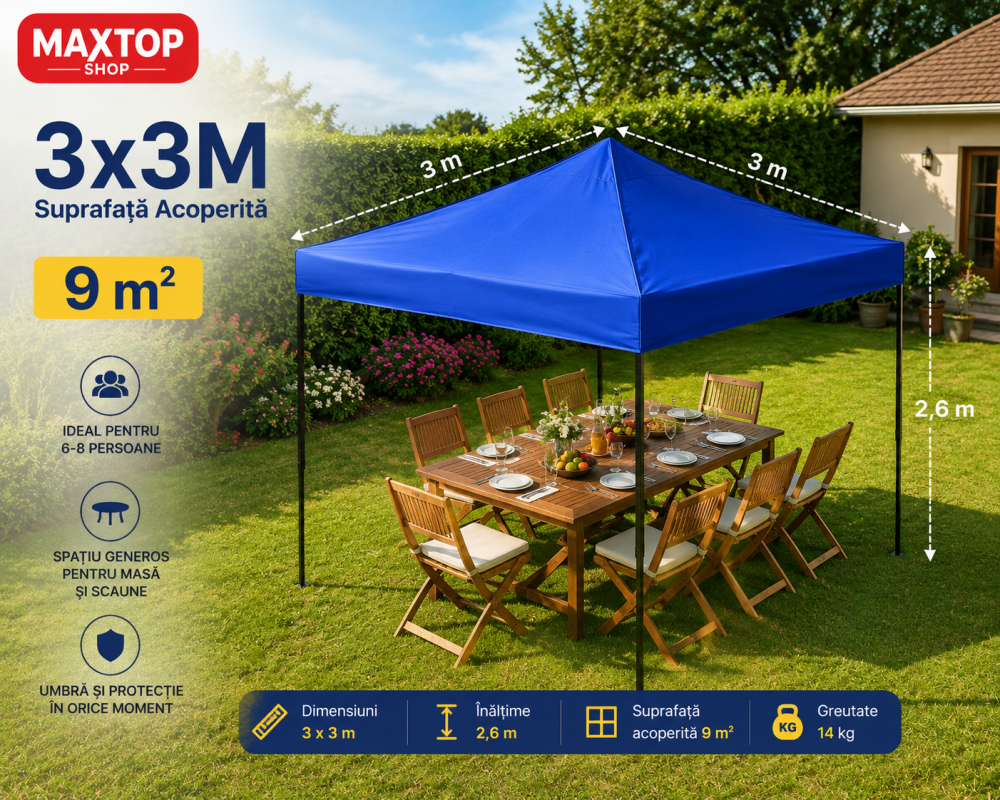 Cort pavilion pliabil,14 kg, 3x3 m, Cadru metal cu panza impermeabila pentru Curte, Gradina, Evenimente, Albastru [3]