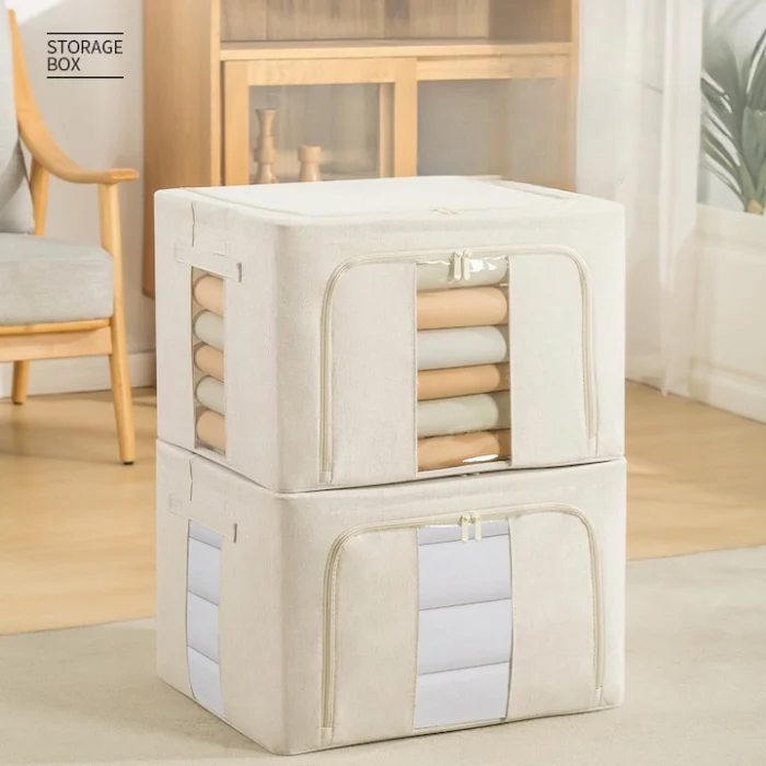 Cutie de Depozitare Pliabilă cu Fereastră și Fermoar Dublu, 66 L, Textil Premium Impermeabil, Cadru Metalic, 50×40×33 cm, Bej [13]