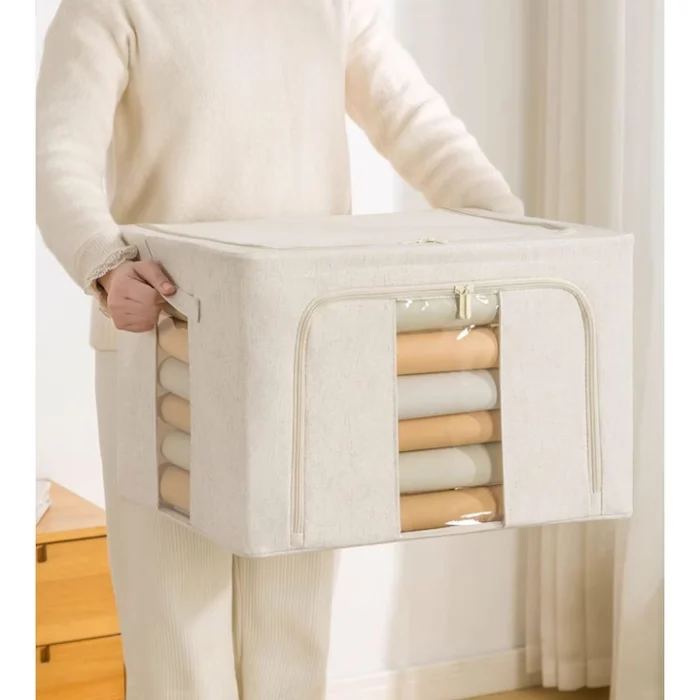 Cutie de Depozitare Pliabilă cu Fereastră și Fermoar Dublu, 66 L, Textil Premium Impermeabil, Cadru Metalic, 50×40×33 cm, Bej [6]