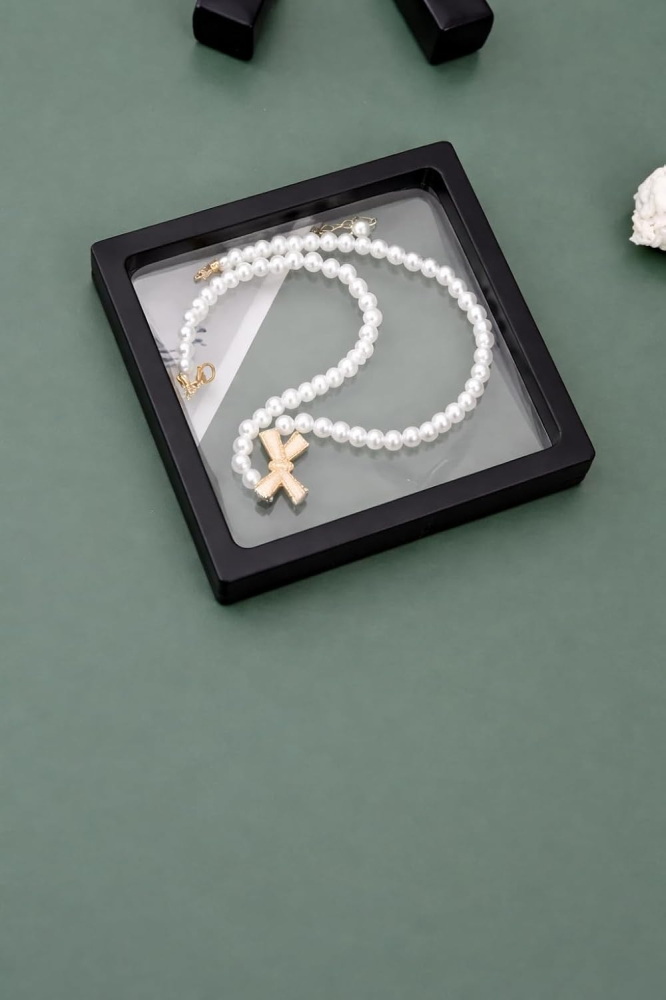 Cutie pentru bijuterii cu efect 3D transparent, model premium, potrivită pentru inele, brățări și monede, design compact, portabil, din plastic, negru [5]