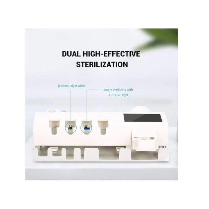 Dozator Pastă de Dinți Inteligent cu Sterilizator UV, Suport pentru Periuțe, Elimină Germenii și Menține Igiena, Montaj Ușor pe Perete, Design Modern Culoare Alb [6]