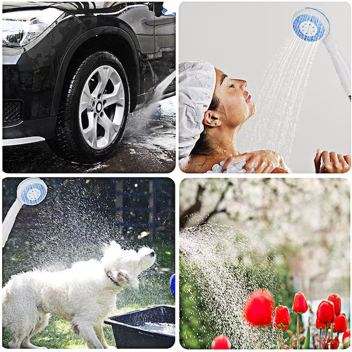 Duș portabil electric pentru camping, debit 4–5 L/min, baterie 2200 mAh cu reîncărcare USB, furtun 1.5 m, carcasă ABS, alb [7]