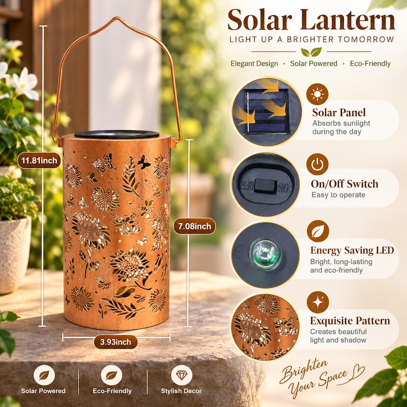 Felinar Solar Decorativ Floarea-Soarelui pentru Exterior, Lampă Suspendată cu Flori și Fluturi, Iluminare Nocturnă, Autonomie 8-10 Ore, Rezistent la Intemperii, pentru Grădină, Terasă și Balcon [5]