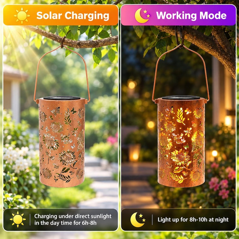 Felinar Solar Decorativ Floarea-Soarelui pentru Exterior, Lampă Suspendată cu Flori și Fluturi, Iluminare Nocturnă, Autonomie 8-10 Ore, Rezistent la Intemperii, pentru Grădină, Terasă și Balcon [2]
