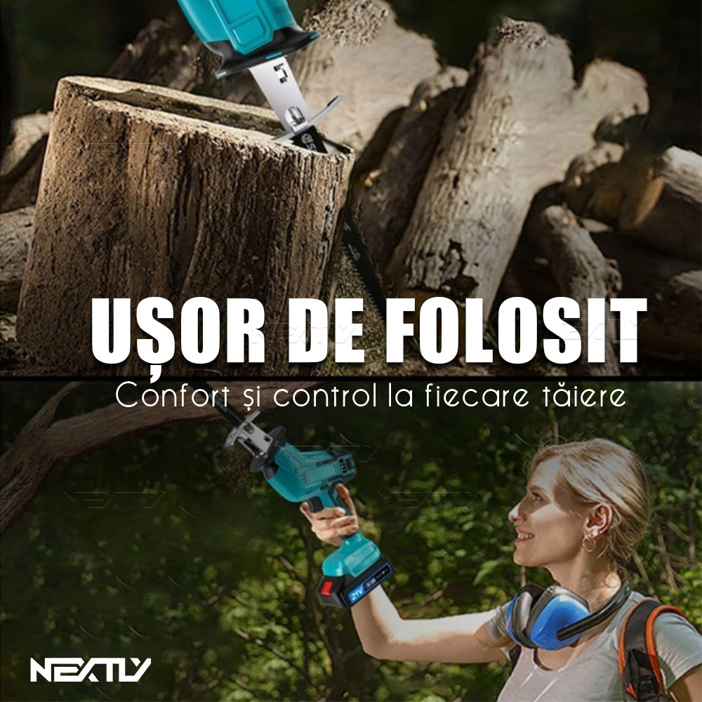 Fierăstrău Electric Sabie 48V - 2 Acumulatori, 4 Lame pentru Lemn și Metal, 3000 Curse/min, Capacitate de Tăiere 100 mm, Cursă 20 mm, Negru/Albastru [2]