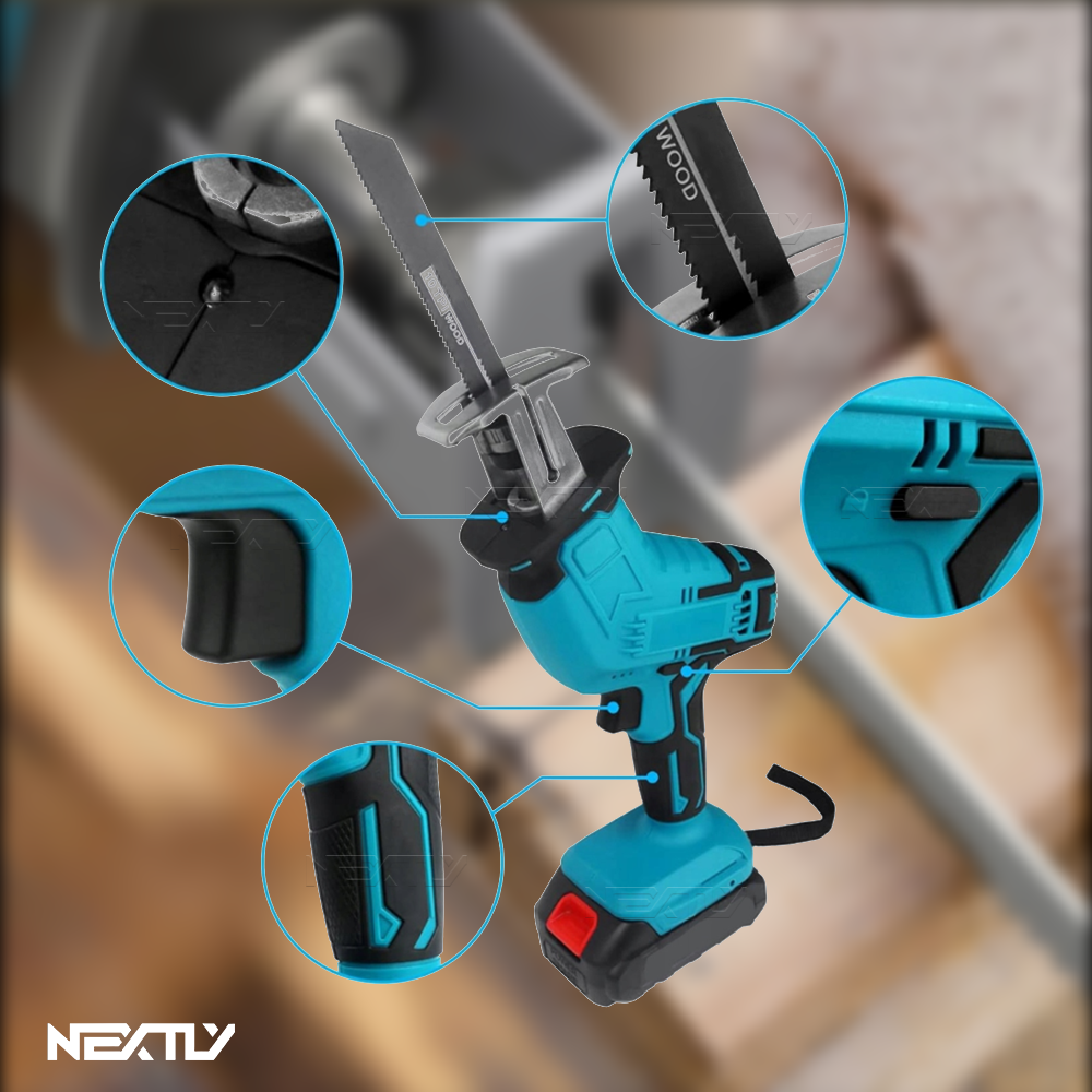 Fierăstrău Electric Sabie 48V - 2 Acumulatori, 4 Lame pentru Lemn și Metal, 3000 Curse/min, Capacitate de Tăiere 100 mm, Cursă 20 mm, Negru/Albastru [4]