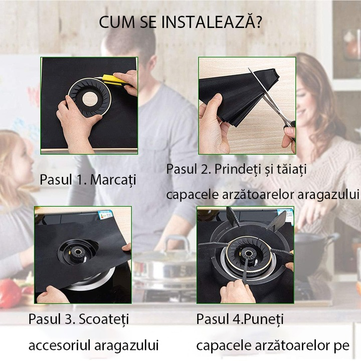 Set 4 Folii Teflon Reutilizabilă 27x27 cm pentru Aragaz sau Plită, Rezistentă Termic -60°C până la 260°C, Negru, Grosime 0.3 mm [6]
