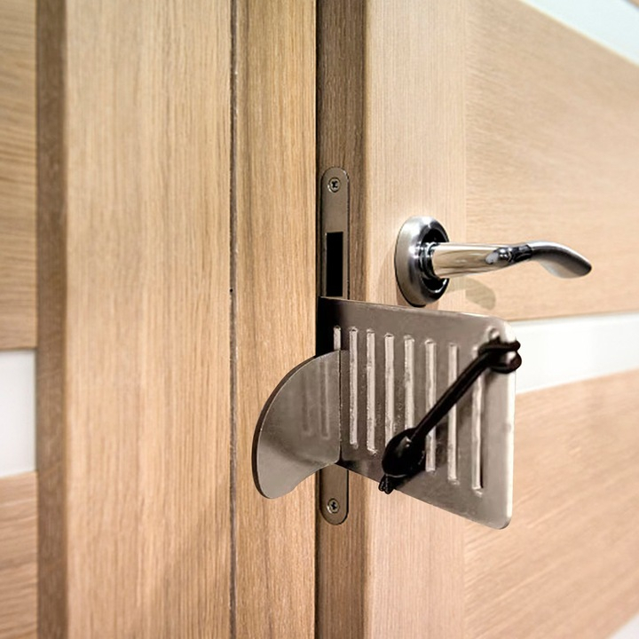 Încuietoare portabilă 8 cm din oțel inoxidabil, pentru securizare ușă din interior, instalare rapidă fără unelte, compactă pentru călătorii, argintiu [4]