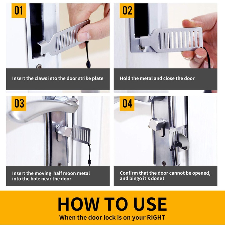 Încuietoare portabilă 8 cm din oțel inoxidabil, pentru securizare ușă din interior, instalare rapidă fără unelte, compactă pentru călătorii, argintiu [6]