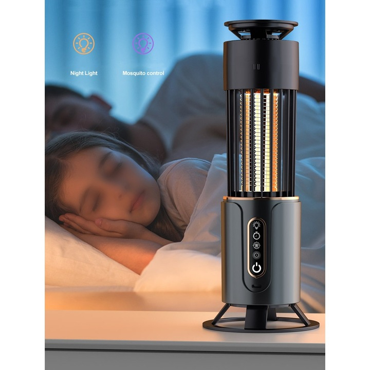 Lampă electrică anti-insecte USB, acumulator 1200 mAh, captare țânțari și iluminare, 3 moduri timer, compactă și silențioasă, gri [4]