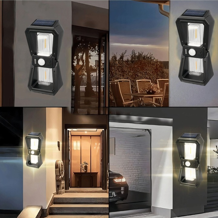 Lampă solară exterior 18W pentru perete, 3 moduri de iluminare, senzor de mișcare integrat, dimensiune 24 cm [6]