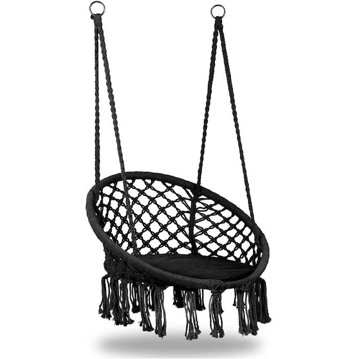Leagăn balansoar suspendat cu pernă, diametru 80 cm, structură metalică, capacitate 150 kg, frânghii din bumbac, pentru exterior, negru [5]