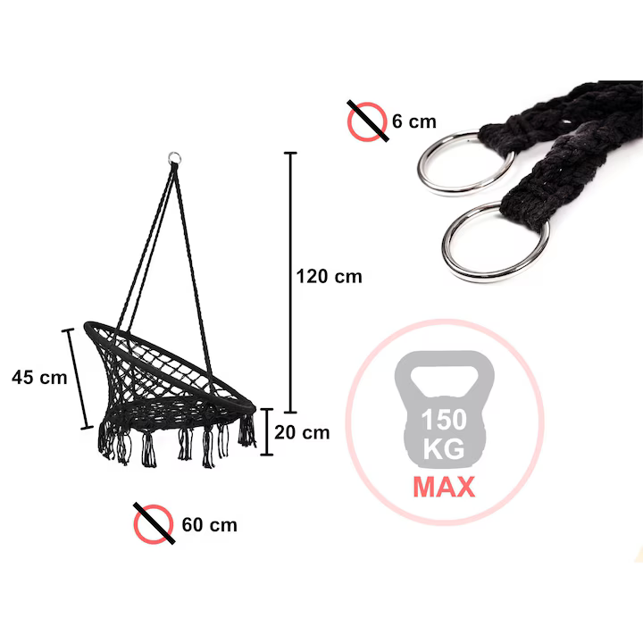 Leagăn balansoar suspendat cu pernă, diametru 80 cm, structură metalică, capacitate 150 kg, frânghii din bumbac, pentru exterior, negru [2]