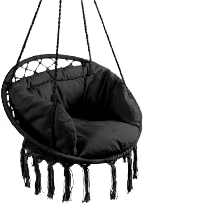 Leagăn balansoar suspendat cu pernă, diametru 80 cm, structură metalică, capacitate 150 kg, frânghii din bumbac, pentru exterior, negru [4]