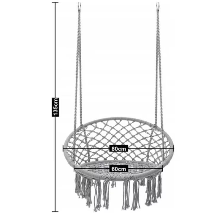 Leagăn tip balansoar suspendat 80 cm, structură metalică, șezut 60 cm, frânghie reglabilă, sarcină maximă 150 kg, cu pernă, gri [2]
