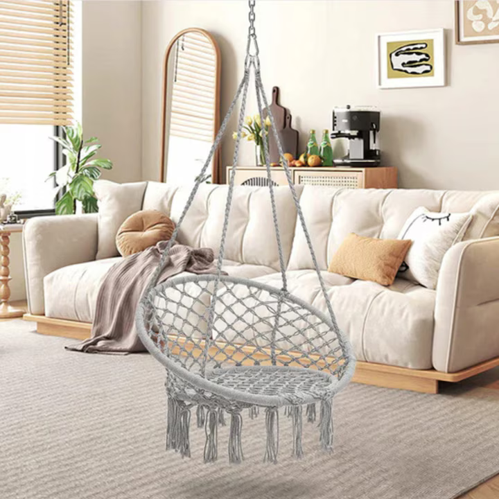 Leagăn tip balansoar suspendat 80 cm, structură metalică, șezut 60 cm, frânghie reglabilă, sarcină maximă 150 kg, cu pernă, gri [6]