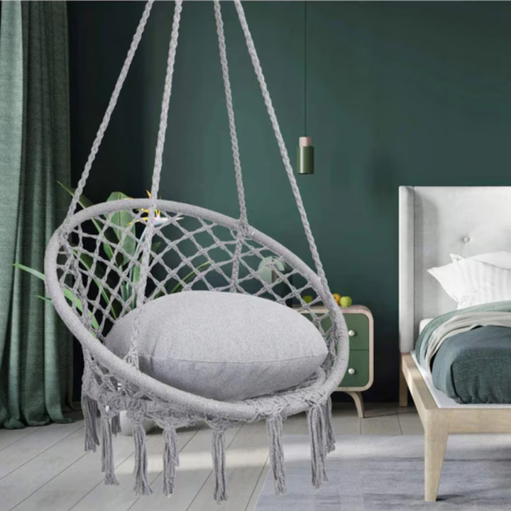 Leagăn tip balansoar suspendat 80 cm, structură metalică, șezut 60 cm, frânghie reglabilă, sarcină maximă 150 kg, cu pernă, gri [4]