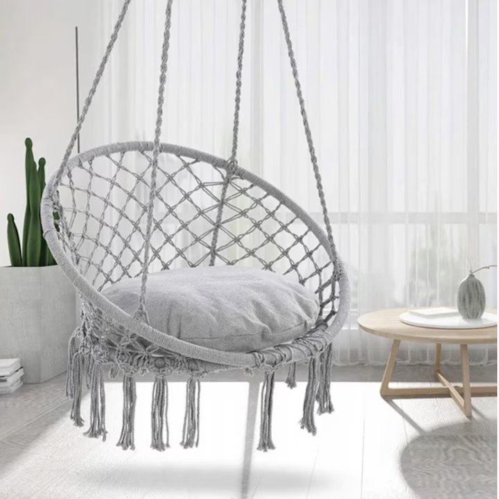 Leagăn tip balansoar suspendat 80 cm, structură metalică, șezut 60 cm, frânghie reglabilă, sarcină maximă 150 kg, cu pernă, gri [5]