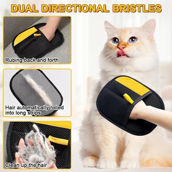 Mănușă 2 în 1 pentru Îndepărtarea Părului de Animale - Electrostatică, Lavabilă și Reutilizabilă, Design cu Două Fețe, Negru/Galben, pentru Animale și Suprafețe Textile [4]