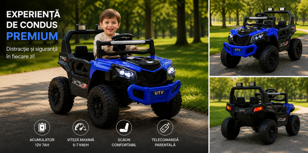 Mașină electrică pentru copii, stil off-road, 12V, baterie dublă, telecomandă, funcție balans, faruri LED, MP3, dimensiuni 96×58×62 cm, albastru [4]
