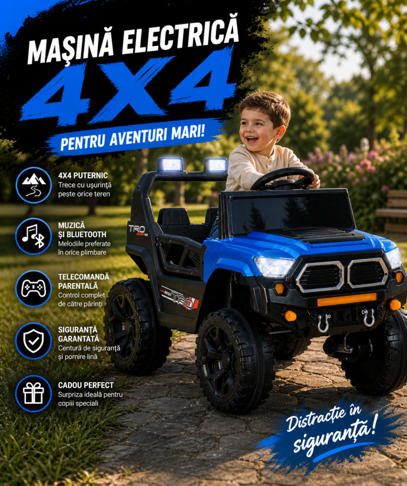 Mașină electrică copii stil Jeep, cu telecomandă, Bluetooth, funcție muzică, iluminare parbriz, roți din plastic, dimensiuni 85×61×54 cm, albastru [3]