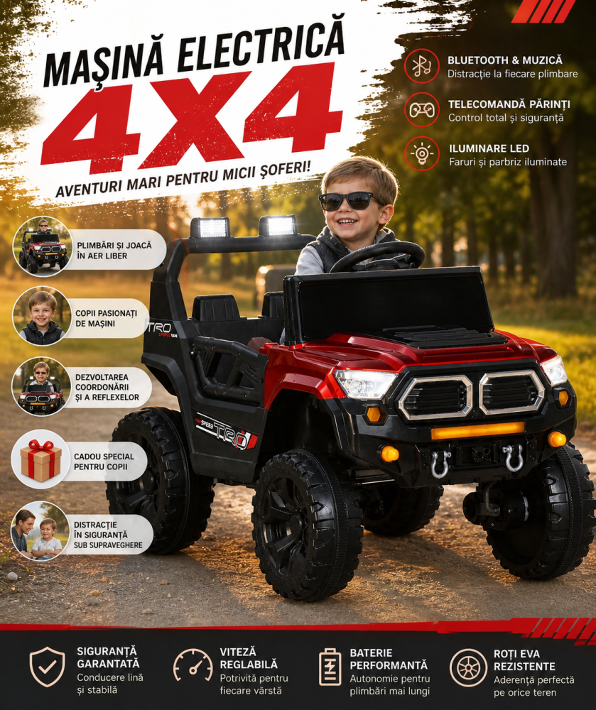 Mașină electrică copii stil Jeep, cu telecomandă, Bluetooth, funcție muzică, iluminare parbriz, roți din plastic, dimensiuni 85×61×54 cm, rosu [2]