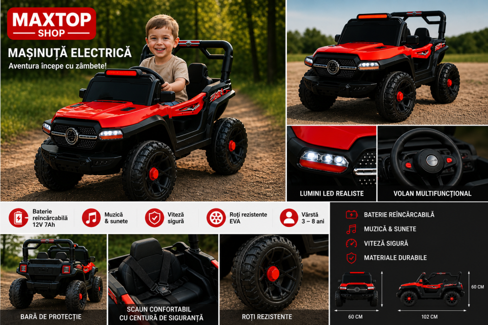 Mașină Electrică pentru Copii 3-9 ani, 12V, 380W,Telecomanda 102 x 60 x 60 cm, Rosu [3]