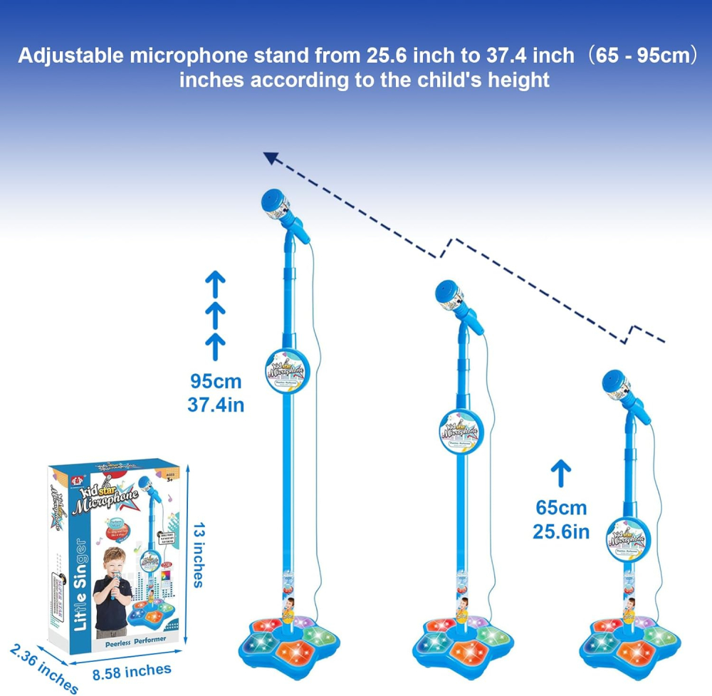 Microfon pentru copii cu stativ reglabil 21x100 cm, difuzor integrat, efecte luminoase și sonore, conexiune MP3, recomandat 3 ani+, roz [3]