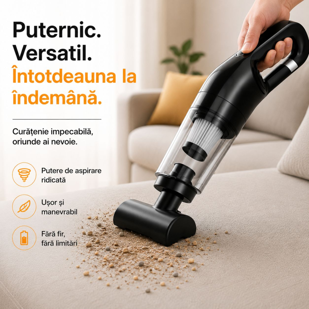 Mini aspirator fără fir 2 în 1, 120 W, capacitate colectare 0.35 L, pentru mașină și locuință, autonomie până la 25 min, încărcare USB, negru [3]
