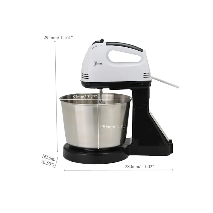 Mixer cu bol 4L inox, 2 în 1, putere 380W, 7 trepte viteză, motor din cupru, palete și cârlige din metal, stil clasic [7]