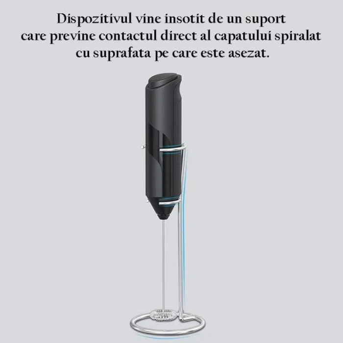 Mixer electric pentru spumă de lapte cu suport vertical, motor puternic, oțel inoxidabil, pentru lapte cald/rece, alimentare baterii AA, negru [2]