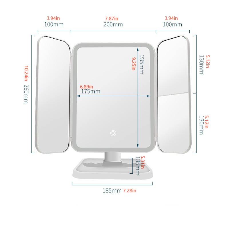 Oglindă Cosmetică LED pentru Machiaj - Zoom 2X/3X, Iluminare Reglabilă, Touch, Rotire 360°, Alimentare USB, 3 Oglinzi Laterale, Alb [6]
