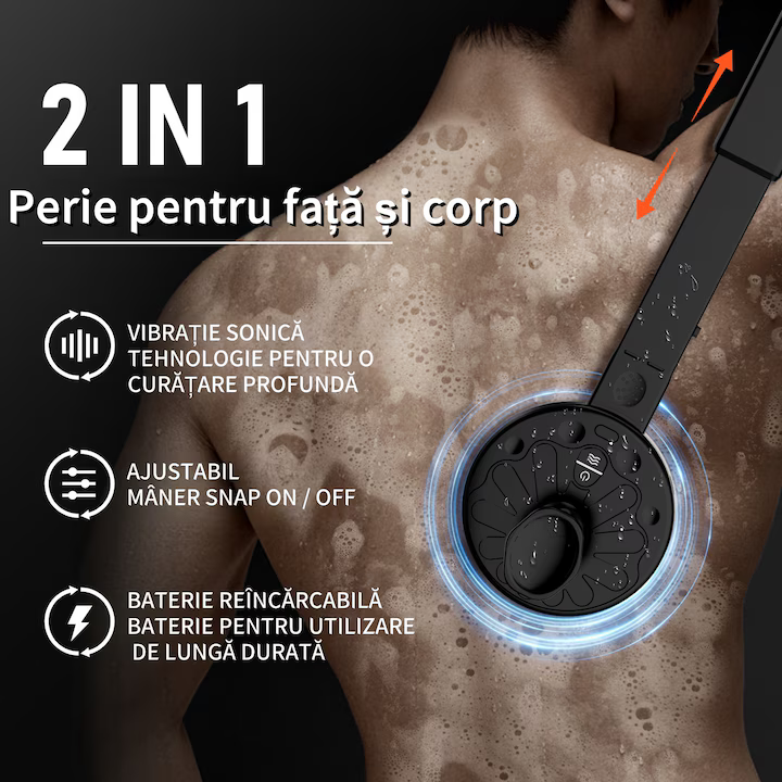 Perie de corp electrică pentru duș, 2 în 1, rezistentă la apă, curățare și masaj, mâner detașabil 16.9 inch, 2 viteze și 4 moduri vibrație, USB [9]