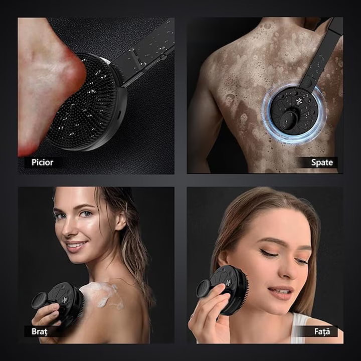 Perie de corp electrică pentru duș, 2 în 1, rezistentă la apă, curățare și masaj, mâner detașabil 16.9 inch, 2 viteze și 4 moduri vibrație, USB [15]