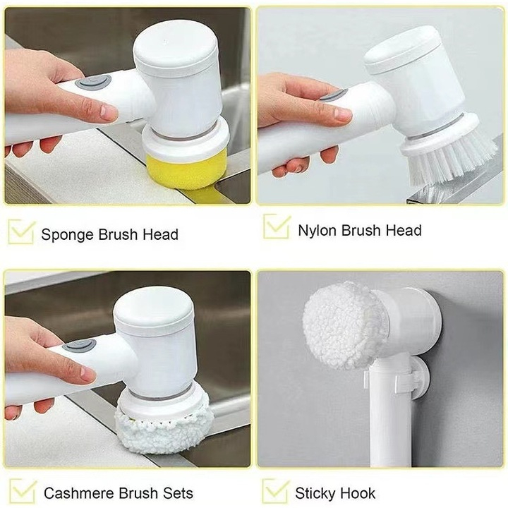 Perie Electrică de Curățare Multifuncțională, 3 Capete Rotative, Reîncărcabilă USB, Construcție din ABS Durabil, Design Compact și Portabil, Set Accesorii Inclus, Culoare Alb [5]