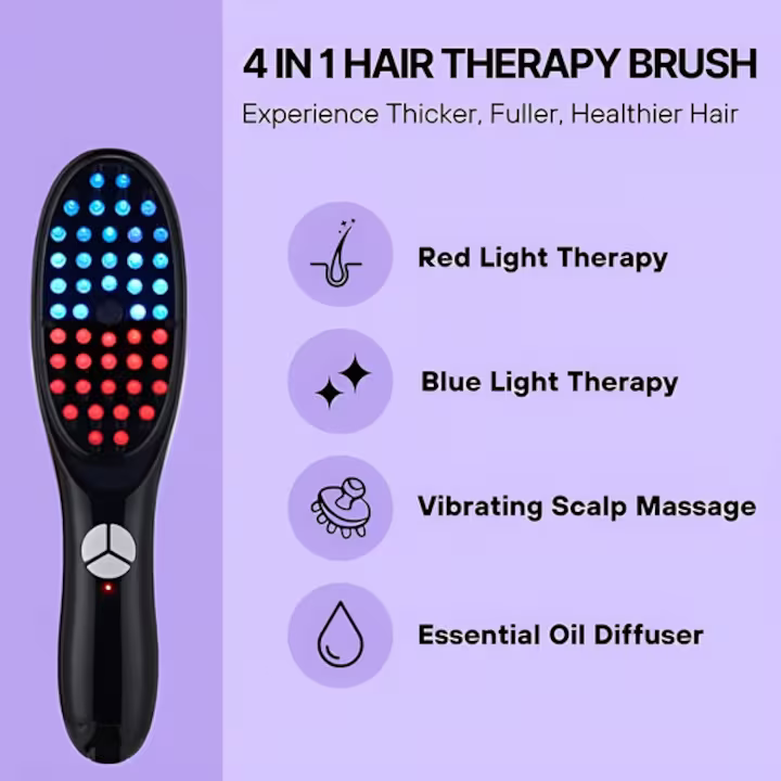 Perie electrică pentru scalp 4 în 1, masaj terapeutic, stimulează creșterea părului și reduce mătreața, lumină LED roșie/albastră, vibrații, rezervor ulei, USB [5]