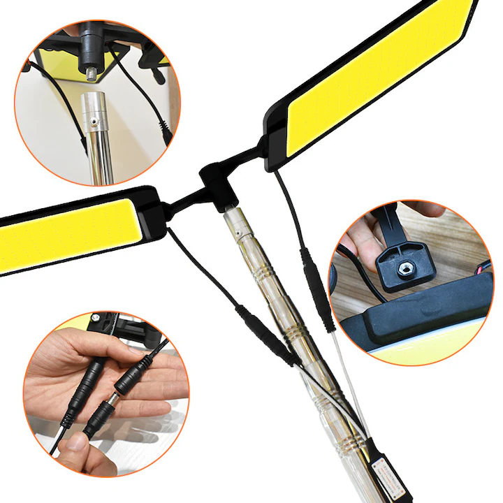 Proiector Camping LED 94W, 9116 lm, braț telescopic reglabil 5 m, 3 adaptoare 220V/Auto/Cleme, telecomandă inclusă, waterproof [6]