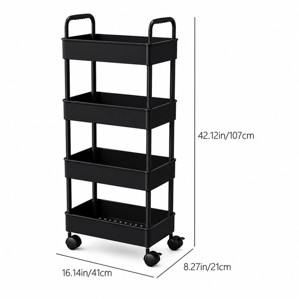 Raft Depozitare 4 Niveluri cu Roți, Cărucior Rulant 107x41x21 cm, Organizator Plastic pentru Bucătărie, Baie sau Birou, Negru [2]