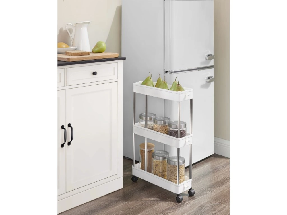 Raft mobil cu 3 polițe și roți, realizat din metal și plastic, design compact cu aerisire, alb [4]