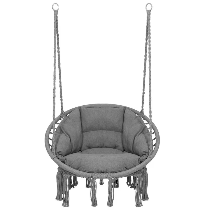Scaun balansoar suspendat, cu pernă inclusă, stil boho, sarcină maximă 150 kg, pentru grădină și interior, gri închis [4]