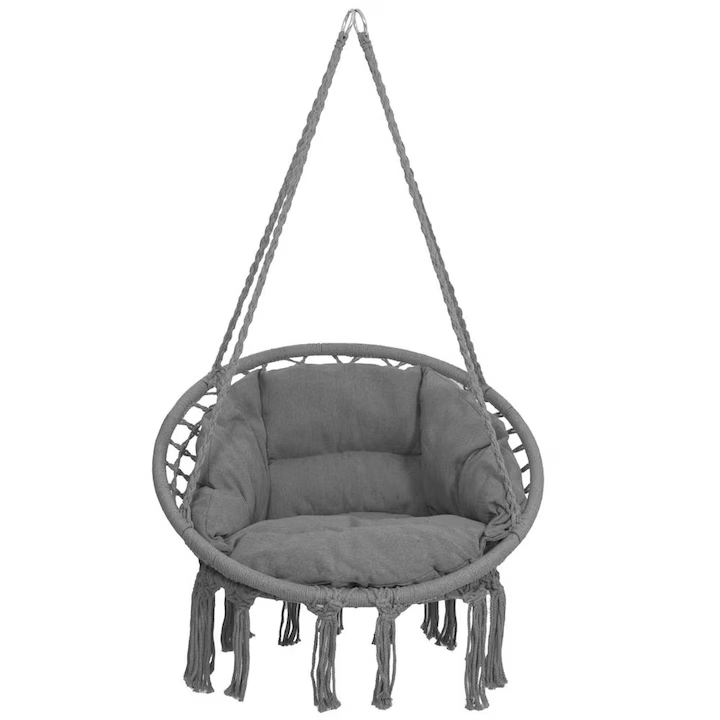 Scaun balansoar suspendat, cu pernă inclusă, stil boho, sarcină maximă 150 kg, pentru grădină și interior, gri închis [6]
