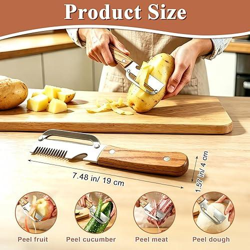 Set 2 Curățătoare Multifuncționale pentru Fructe și Legume - Lame din Oțel Inoxidabil, Mânere din Lemn, Design 3 în 1, Deschizător de Sticle Integrat [6]
