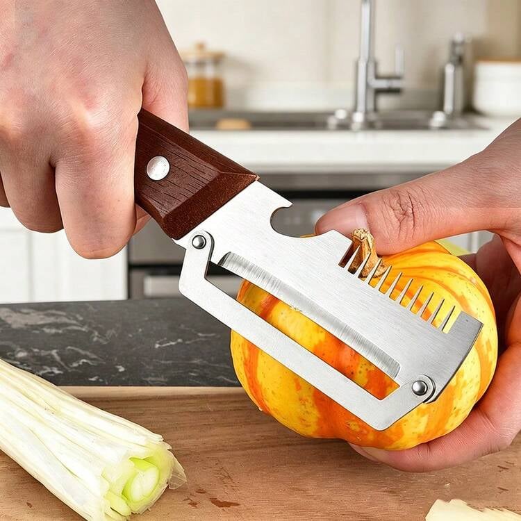 Set 2 Curățătoare Multifuncționale pentru Fructe și Legume - Lame din Oțel Inoxidabil, Mânere din Lemn, Design 3 în 1, Deschizător de Sticle Integrat [10]
