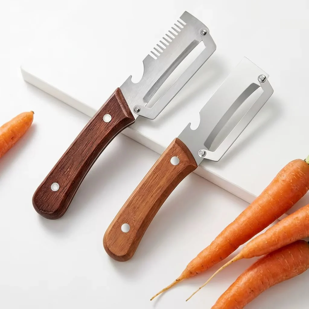 Set 2 Curățătoare Multifuncționale pentru Fructe și Legume - Lame din Oțel Inoxidabil, Mânere din Lemn, Design 3 în 1, Deschizător de Sticle Integrat [2]