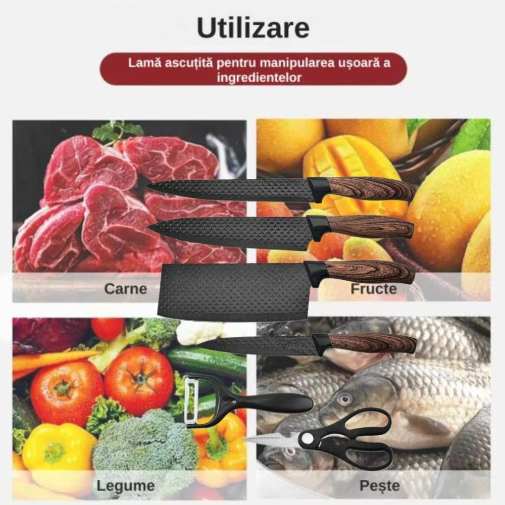 Set 6 Cuțite Profesionale din Oțel Inoxidabil - 4 Cuțite, Foarfecă și Decojitor Ceramic, Finisaj Negru, Mânere Ergonomice, Lame Antiaderente [2]
