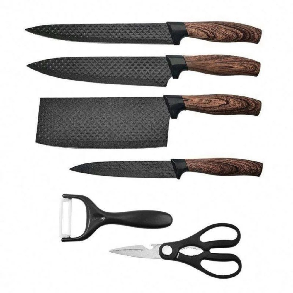 Set 6 Cuțite Profesionale din Oțel Inoxidabil - 4 Cuțite, Foarfecă și Decojitor Ceramic, Finisaj Negru, Mânere Ergonomice, Lame Antiaderente [5]