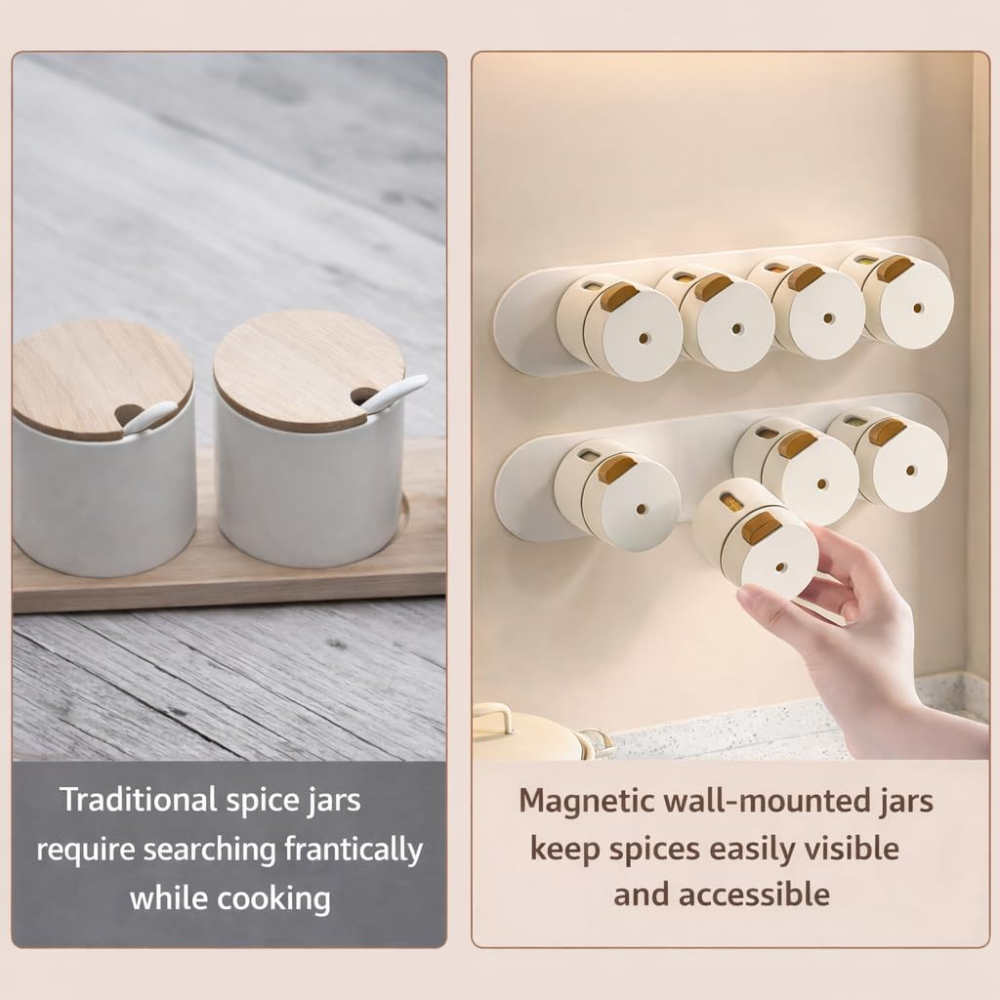 Set 6 recipiente condimente cu montare pe perete, prindere magnetică, material ABS, design minimalist modern, alb [5]