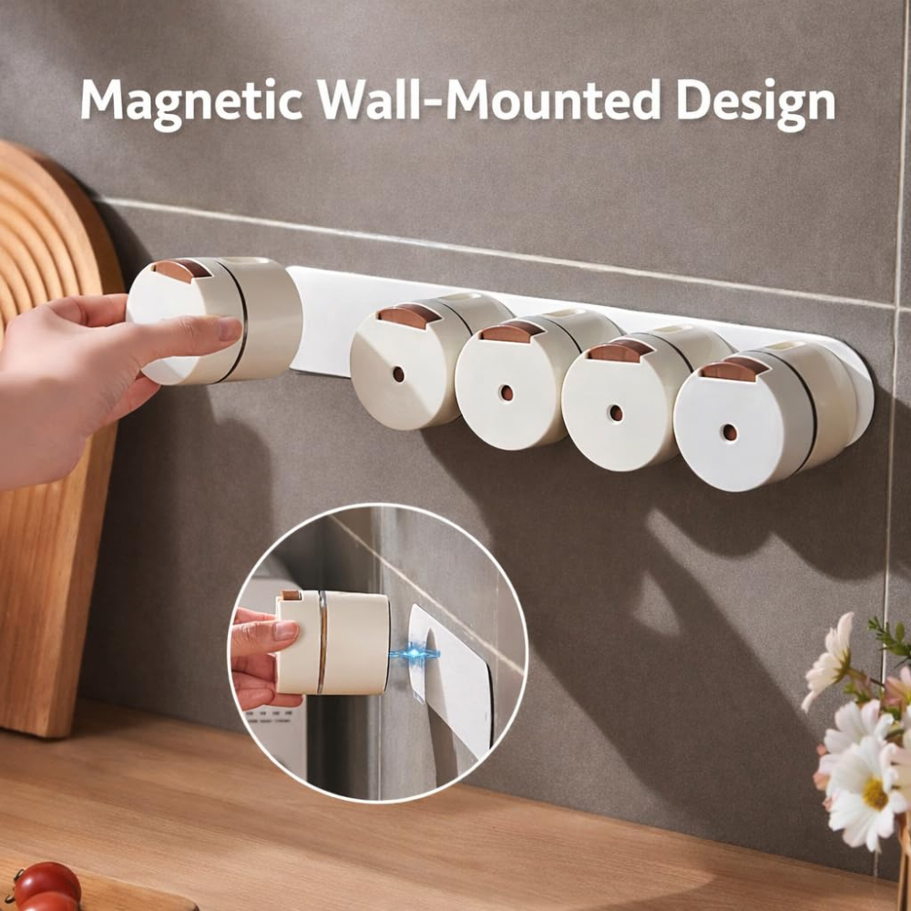 Set 6 recipiente condimente cu montare pe perete, prindere magnetică, material ABS, design minimalist modern, alb [8]